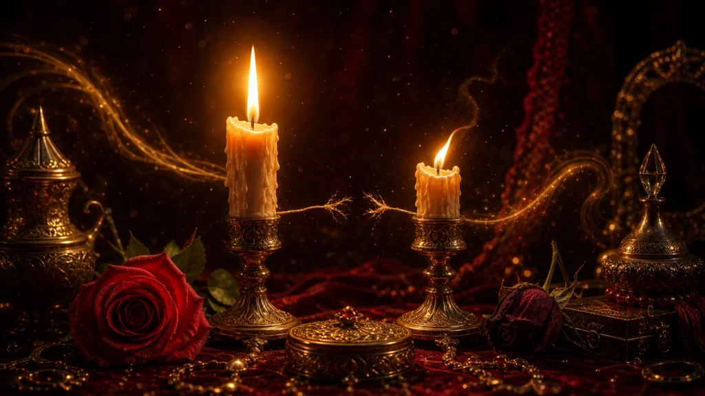 Duas velas acesas, uma forte e outra com chama fraca inclinada, ligadas por um fio dourado rompido