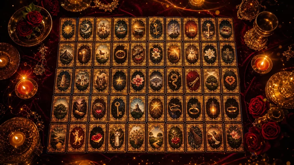 Trinta e seis cartas ciganas ornamentadas dispostas em grade sobre veludo vermelho à luz de velas