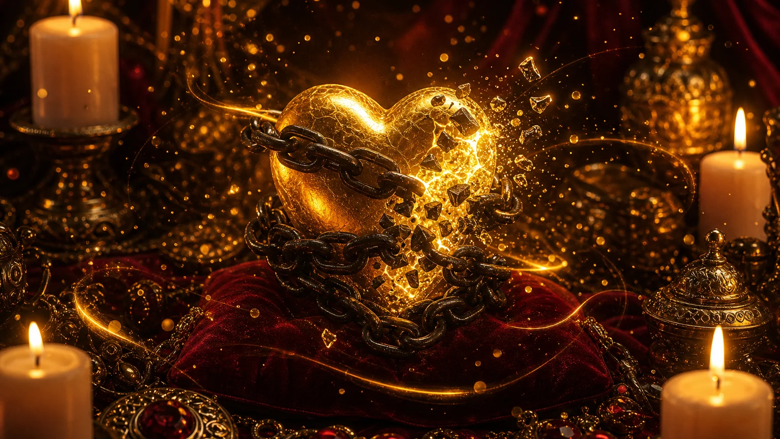 Corrente escura envolvendo um coração dourado, com os elos se desfazendo em partículas de luz