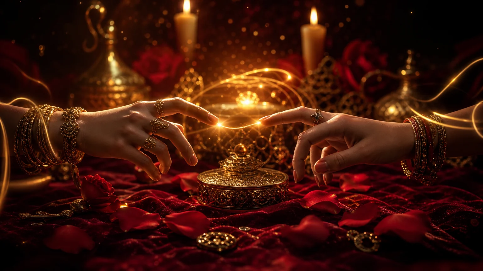 Duas mãos quase se tocando sobre veludo vermelho, ligadas por um fio dourado, com pétalas de rosa