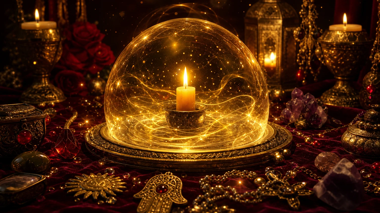 Cúpula translúcida de luz dourada protegendo uma vela acesa, cercada por amuletos e cristais