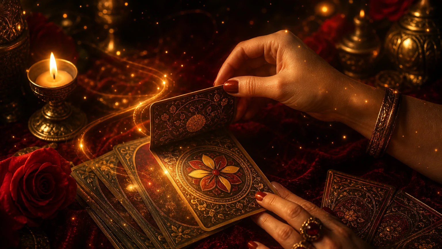 Mãos virando uma carta cigana ornamentada sobre veludo vermelho à luz de velas